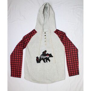 Womens Mama Bear Hooded Sweatshirt Gray with Red Black Plaid Long Sleeved Medium